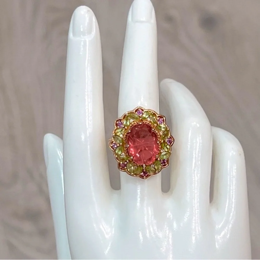 Salmon Quartz Multigemstone 14K RG Sterling Silver Cocktail Statement Ri… - Picture 2 of 10